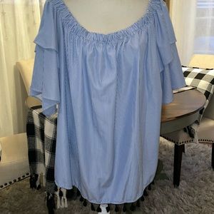 LANE BRYANT Blue/white seersucker striped Off Shoulder Top, Size 22/24